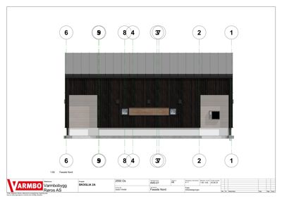 Fasadetegning som viser utsiden av bygningen sett fra nord, med detaljeringsnummer og materialbeskrivelser.