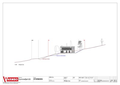 Fasadetegning (opprikk) som viser bygningens profil sett fra siden, med terrengforhold og høydeangivelser.