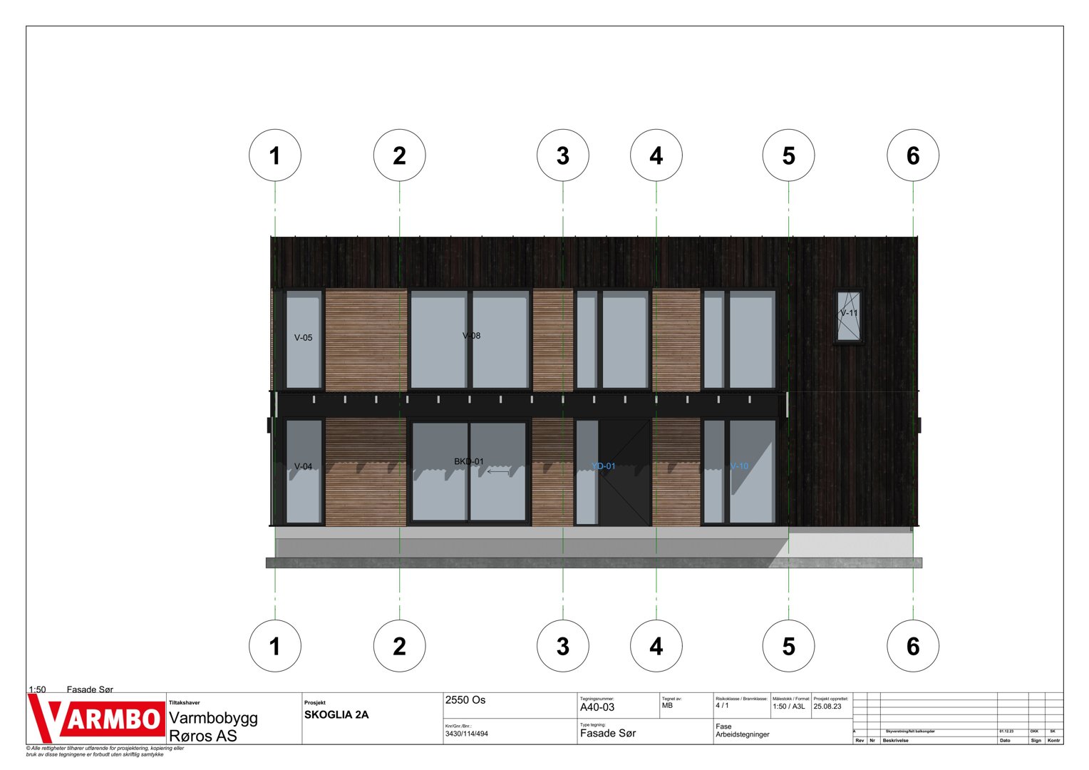 Fasadetegning (opprikk) av bygningen sett fra foran, med nummererte punkter som viser detaljer.