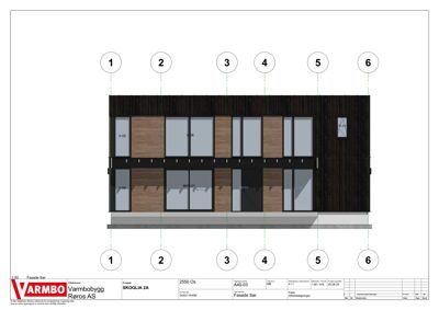 Fasadetegning (opprikk) av bygningen sett fra foran, med nummererte punkter som viser detaljer.