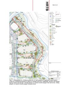 Landskapsplan for «Kobberkvartalet felt C2» med angivelse av gangveier, elv, og ulike områder (grønt, asfalt, vann).