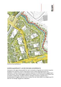 Illustrasjon av et skisseprosjekt for en nybyggingsområde langs Neseva, med fokus på plassering av bygninger og fasader.