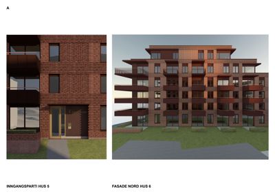 3D-visualiseringer av fasade og inngangsparti for to ulike hus (Hus 5 og Hus 6).