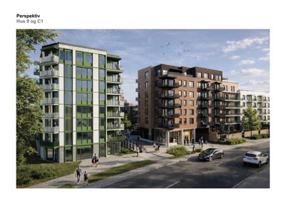 3D-visualisering (rendering) som viser fasade og omgivelser til planlagte bygninger (Hus 9 og C1).