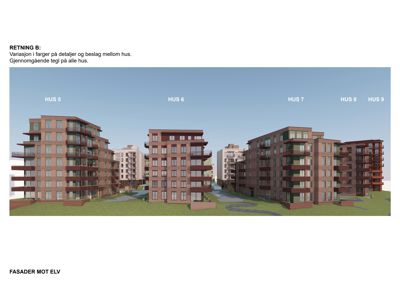 Fasadetegning som viser utsiden av flere boligblokker (Hus 5-9) sett fra elv, med beskrivelse av farger og materialer.