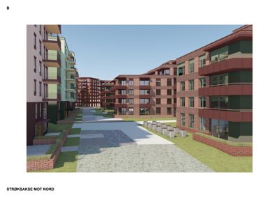 3D-visualisering av et boligfelt sett fra Strøksakse mot nord.