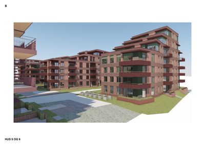3D-visualisering av fasade og omgivelser for HUS 5 OG 6