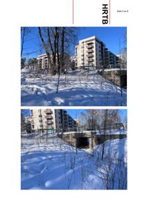 Fotografier av en bygning og omgivelser i snø. Bildene viser etasjenes fasade, balkonger, trær og en bro eller tunnel i bakgrunnen.