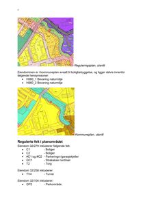 Bildet viser et utsnitt fra en reguleringsplan og kommuneplan som illustrerer eiendomsgrunnlag, arealbruk (fargekodet) og regulerte felt for boligbebyggelse.
