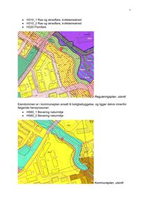 Bildet viser to kartutsnitt: øverst en reguleringsplan med fargekodet fareområder (ras, skred, flom), og nederst en kommuneplan med hensynssoner (bevaring naturmiljø). Begge kartene viser eiendomsgrunnlinjer og bygningsfot.