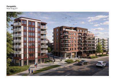 3D-visualisering (perspektiv) av to planlagte boligbygg (Hus 9 og C1) sett fra gatens side.