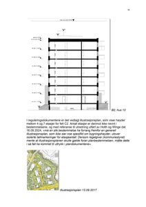 Tegning som viser et tverrsnitt (snitt) gjennom en bygning (hus 12) med angitte høyder og etasjer.