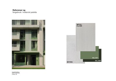 Fotografi av fasaden til Capella Building i London, som viser materialbruk og fargevalg.