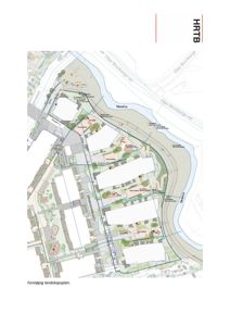 Foreløpig landskapsplan som viser tomtens beliggenhet ved Neselva, vegnettet og planlagt beplantning.