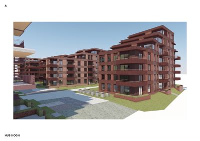 3D-visualisering av fasade og omgivelser for HUS 5 OG 6 i en boligprosjekt.