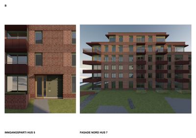 3D-visualiseringer (renderinger) av fasade og inngangsparti for to ulike hus i et boligprosjekt.