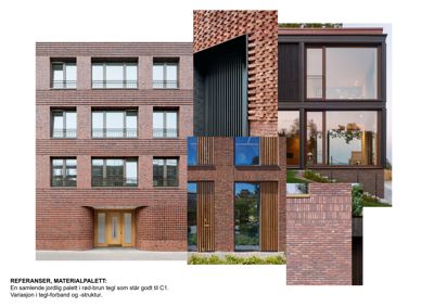 Et sammensatt fotografi som viser ulike fasadeuttrykk og materialvalg (rød tegl, tre, glass) for en bygning.
