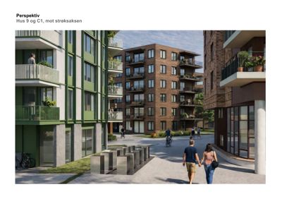 3D-visualisering (perspektiv) av et boligprosjekt med flere bygninger, balkonger og bebyggelse.