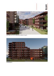 Bildet inneholder to 3D-visualiseringer av et boligprosjekt: en illustrasjon av strøksaksen mellom C1 og C2, samt et fasadeoppriss.