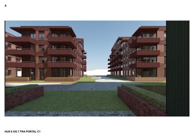3D-visualisering av fasade og omgivelser for to leilighetsbygg (Hus 6 og 7) sett fra en portal.