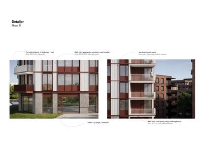 3D-visualisering av fasade for 'Hus 9' med annotasjoner om materialvalg (farge, tekstur) og detaljer.