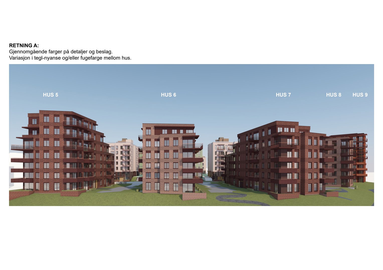 3D-visualisering av fasader for flere hus (HUS 5-9) med instruksjoner om fargevalg.