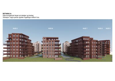 3D-visualisering av fasader for flere hus (HUS 5-9) med instruksjoner om fargevalg.