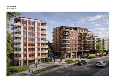 3D-visualisering (perspektiv) av to planlagte boligbygg med omgivende gate og beplantning.