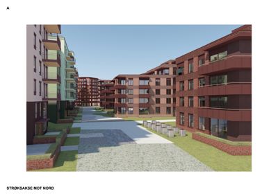 3D-visualisering (rendering) av et boligfelt sett fra en strøksakse mot nord.