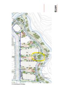 Landskapsplan (C2) som viser tomtens situasjon, beplantning, veier og vannløp.