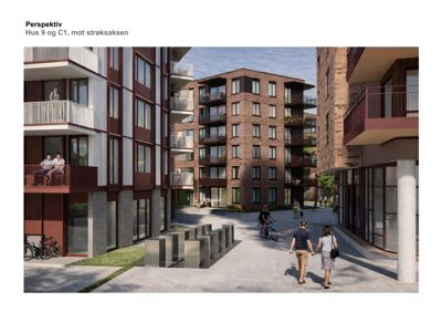 3D-visualisering (rendering) av et boligprosjekt sett fra en gata. Bildet viser fasader, balkonger, beplanting og møblering av uteområder.