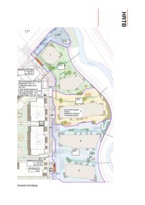 Situasjonsplan (faseplan) som viser tomtens oppdeling i ulike byggefaser, plassering av eksisterende og nye bygg, samt områder for midlertidig renovasjon.
