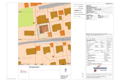 Situasjonskart som viser tomtens beliggenhet i forhold til nabolag, vegnett og arealbruk.