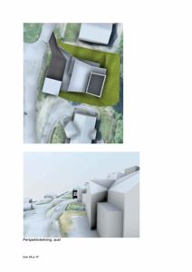 Bildet viser to 3D-visualiseringer (renderinger) av et byggeprosjekt: en situasjonsvisning øverst og en perspektivtegning fra aust nedenfor.