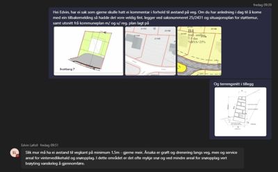 Bildet viser en e-post med vedlagte situasjonsplaner (tomtekart) og et terrengsnitt for en byggesak.
