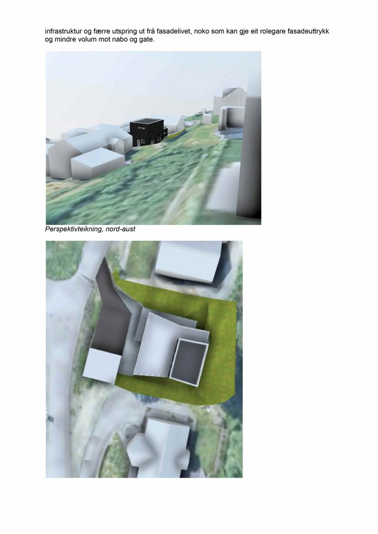 Bildet viser to 3D-visualiseringer (renderinger) av et byggeprosjekt: en perspektivtegning fra nord-aust og en situasjonsplan med bygningsplassering sett fra oven.