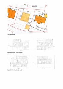Bildet viser en samling tegninger fra en byggesak, inkludert en situasjonsplan øverst og tre fasadetekninger (vest, aust, sør og nord) nederst.