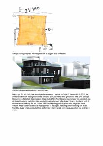 Bildet viser en digitalt sammensatt side fra en byggesak. Den øverste delen inneholder en håndskrevet situasjonsplan (situasjonsplan) med mål og en tekstbeskrivelse. Den nedre delen viser en 3D-perspektivtegning (rendering) av en planlagt bygning sett fra vegen, også med en tekstbeskrivelse om naboskap og avstander.