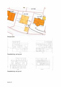 Bildet viser en situasjonsplan med tomtegrenser (21/147, 21/148, 21/149) og bygningssilhuetter. Under planene er det også inkludert fasadetekninger for vest, aust, sør og nord.