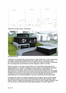Et fotografi av en 3D-visualisering (rendering) av et planlagt hus sett fra siden, inkludert naboer.
