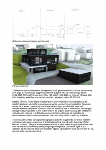 Et fotografi av en 3D-modell (rendering) som viser et hus i forhold til naboer, inkludert snittegning og perspektivtegning.