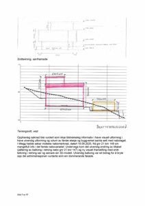 Bildet viser en snittegning (terrengsnitt vest) som illustrerer bygningens høyde i forhold til terrenget, samt etablering av balkong. Det er også inkludert tekst som forklarer konteksten for søknaden.