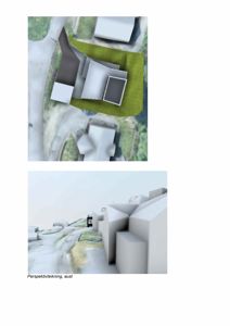 Bildet viser to 3D-visualiseringer (renderinger) av et byggeprosjekt. Øverst er en situasjonsvisning med bygningene sett fra oven, og nederst er en perspektivtegning (merket 'Perspektivteikning, aust') som viser bygningene sett fra siden.
