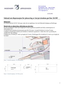 Situasjonsplan som viser eiendomsgranser, plassering av kai, landgang og flytebrygge, samt dimensjoner og snittreferanser.