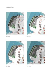 Fotografi av en 3D-modell som viser solstudie (skygger) for en bygning på ulike tidspunkt.