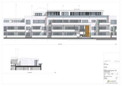 Fasadetegning som viser bygningens utseende fra vest og nord, inkludert vinduer, balkonger og arkitektoniske detaljer.