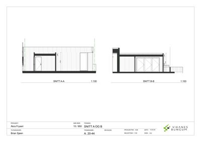 Tegning som viser to snitt (A-A og B-B) gjennom bygningen, med mål og detaljer om konstruksjon.