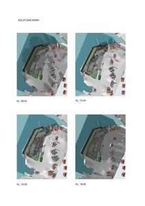 Solstudie (solanalyse) som viser skygger over et tomt og bygninger på ulike tidspunkter (09:00, 12:00, 15:00, 18:00).