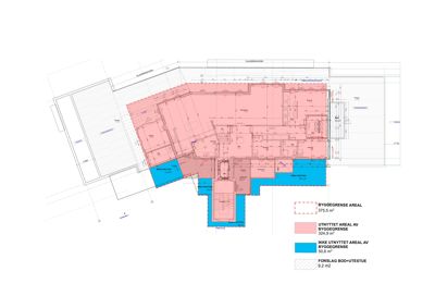 Etasjeplan med romfordeling og arealoppdeling (utnyttet vs. ikke utnyttet areal).