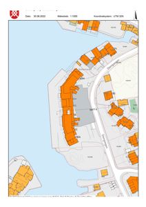 Situasjonsplan som viser bygningers plassering i forhold til hverandre, veier (Storgata, Sognesveien) og vann (Sevheimaren).